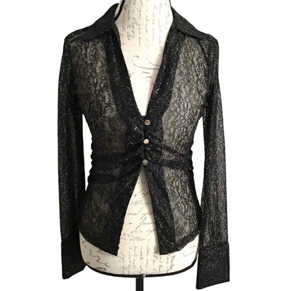 ZARA Sheer Black Lace Gold Buttons Long Sleeve Blouse Top Shimmery NWT - Picture 1 of 7